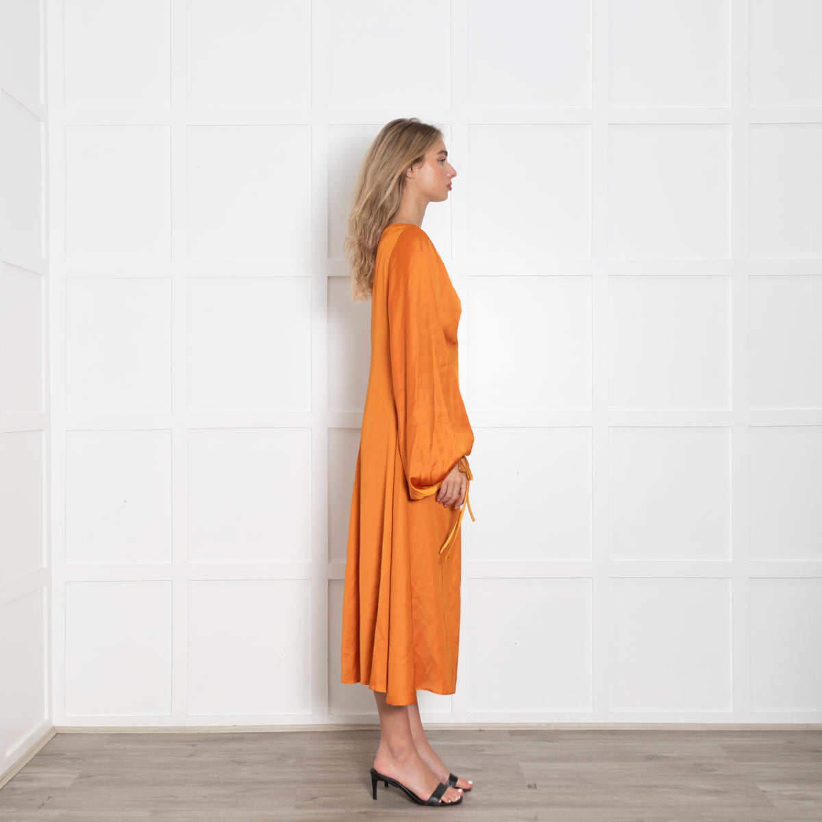 Staud Orange Silky Dress with Balloon Sleeve