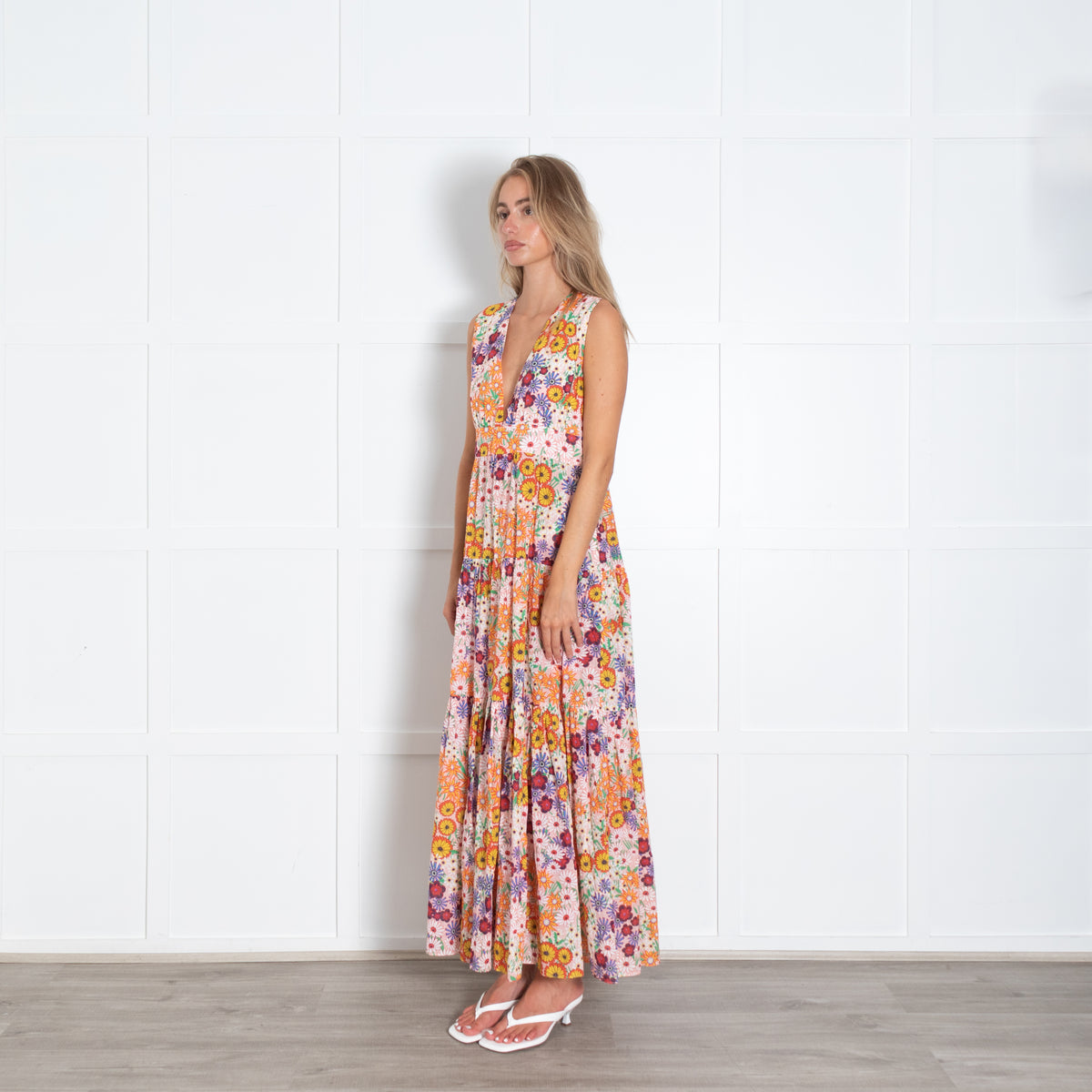 Borgo De Nor Pink Floral V Neck Sleeveless Maxi Dress Wth Tiered Skirt