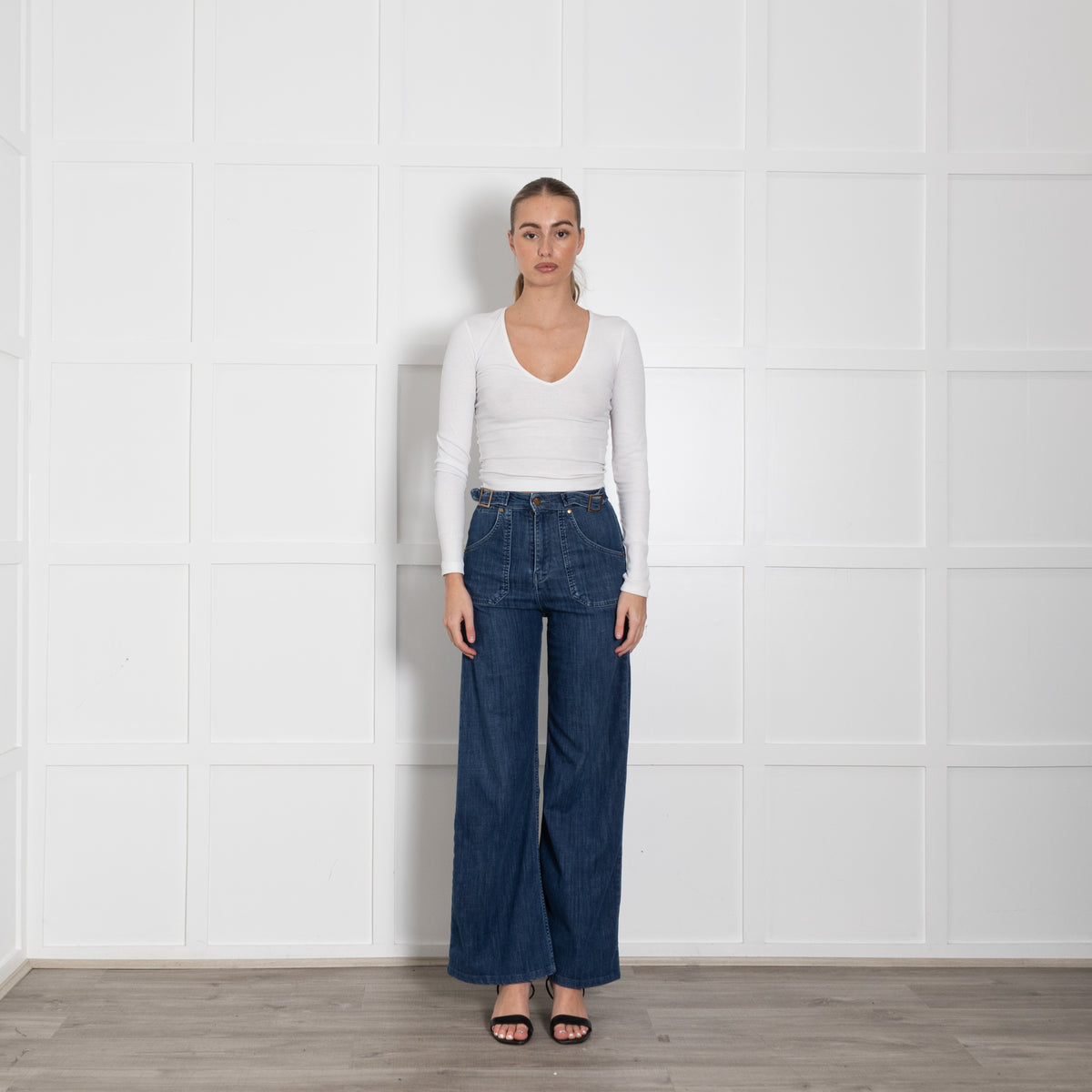 IDA Blue Wide Leg Front Pocket Buckle Jeans