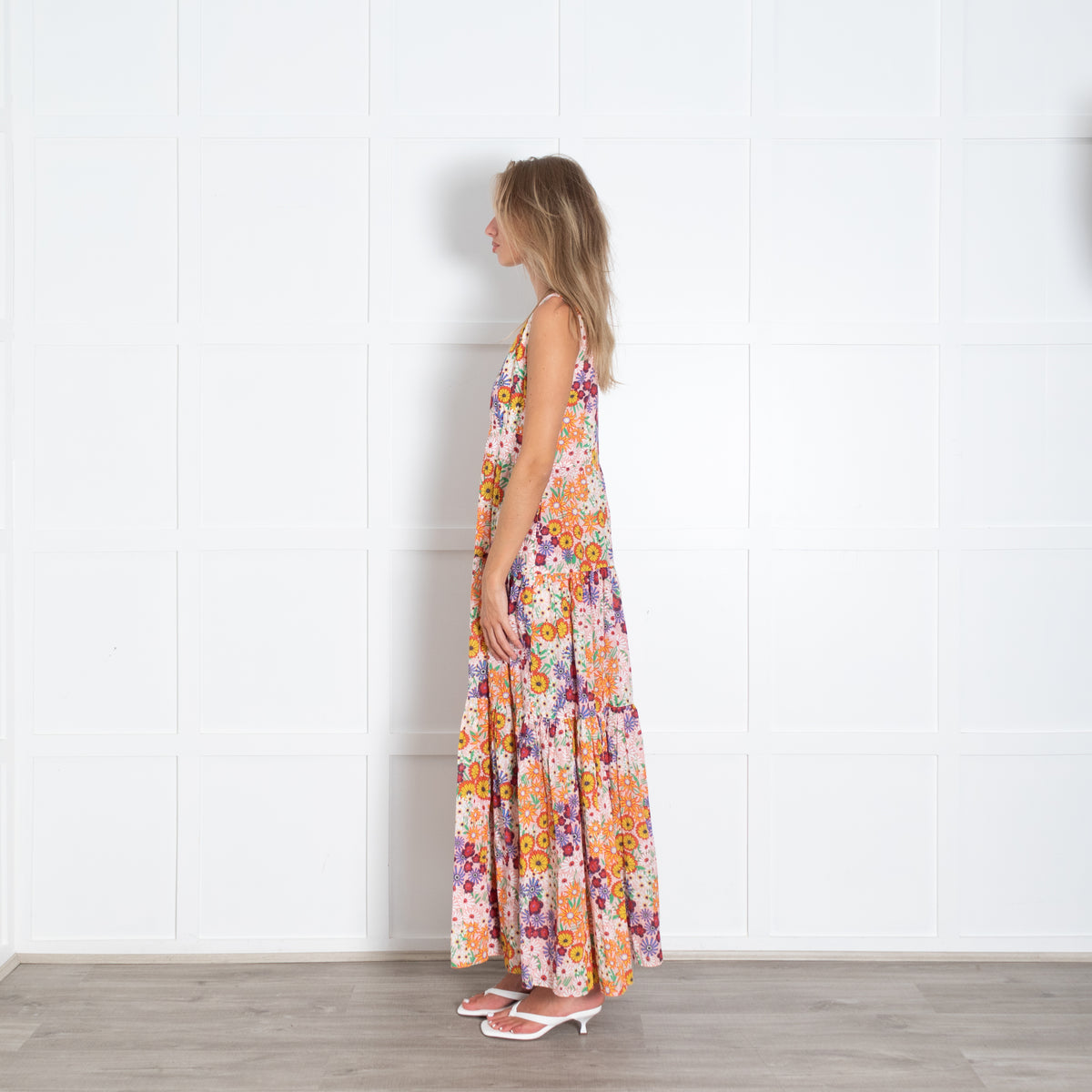 Borgo De Nor Pink Floral V Neck Sleeveless Maxi Dress Wth Tiered Skirt