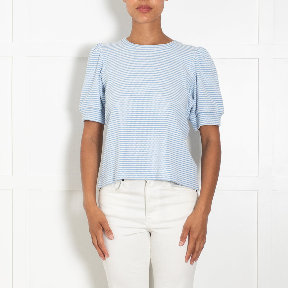 Me + Em Blue White Striped Pouf Sleeve Cotton Jersey Top