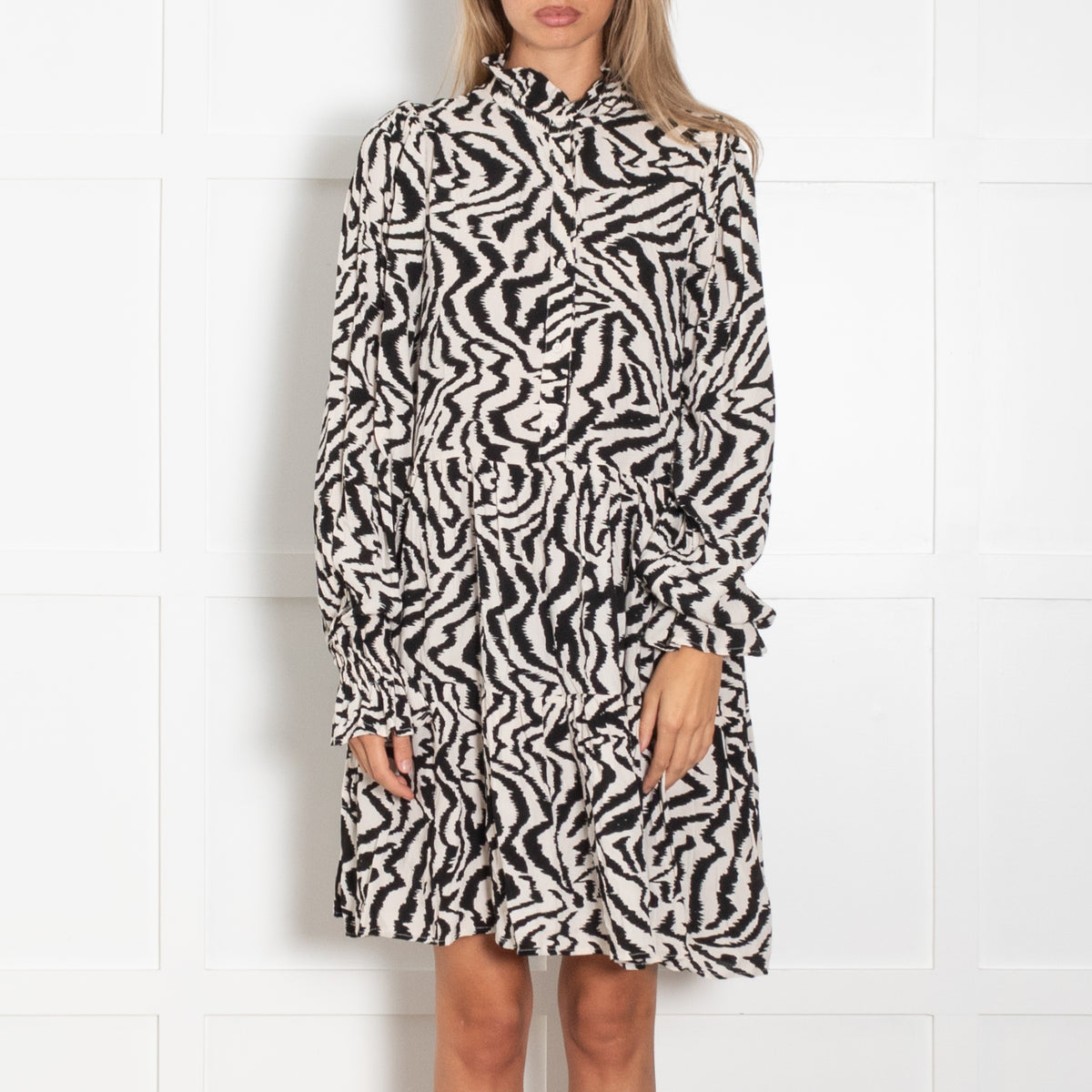 Essential Antwerp Black Cream Abstract Zebra Print Ruffle Dress