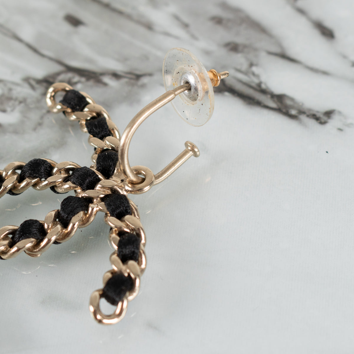 Chanel Gold Black Chain CC Hoop Earrings
