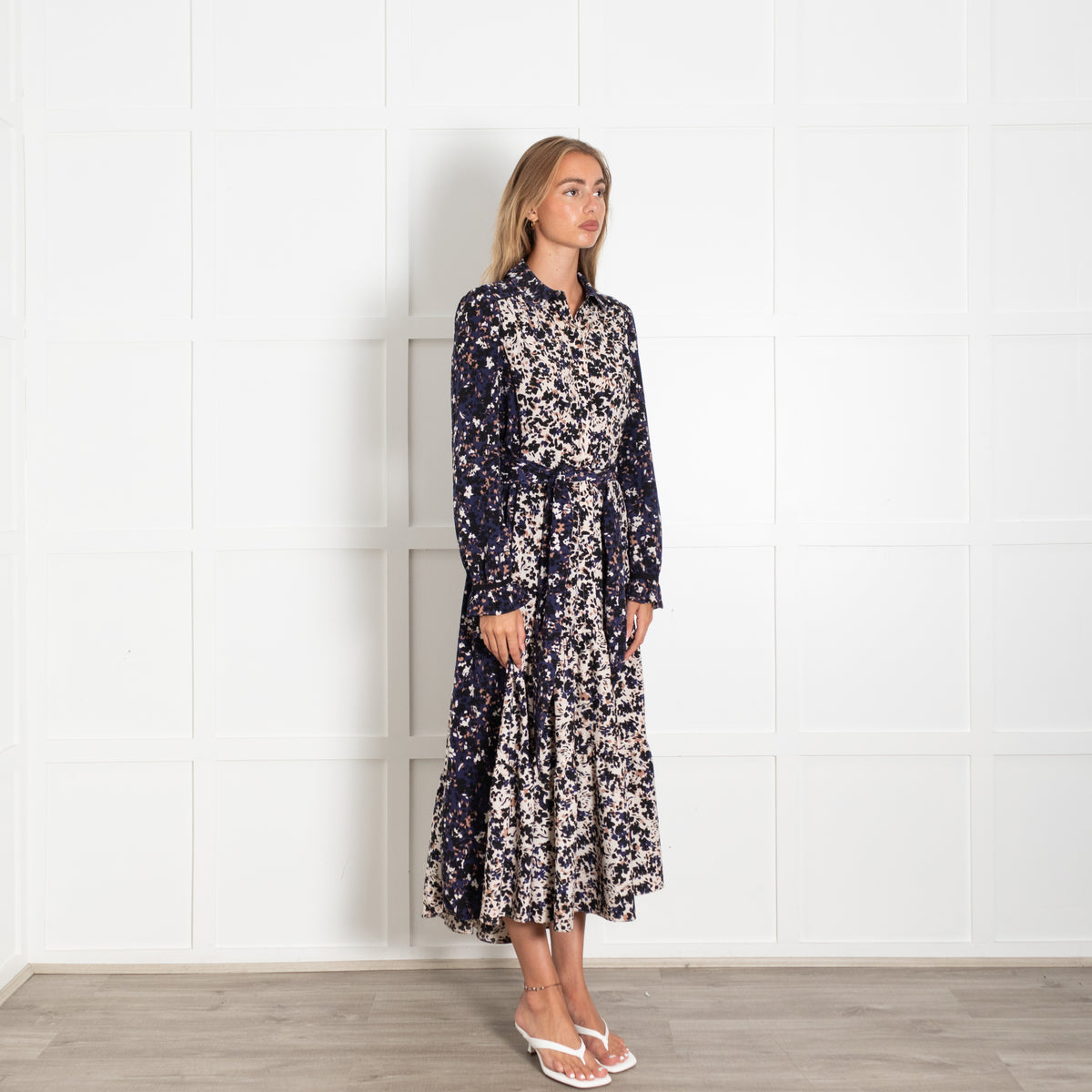 Me +Em Blue Black And Cream Floral Print Maxi Shirt Dress With Tie Belt