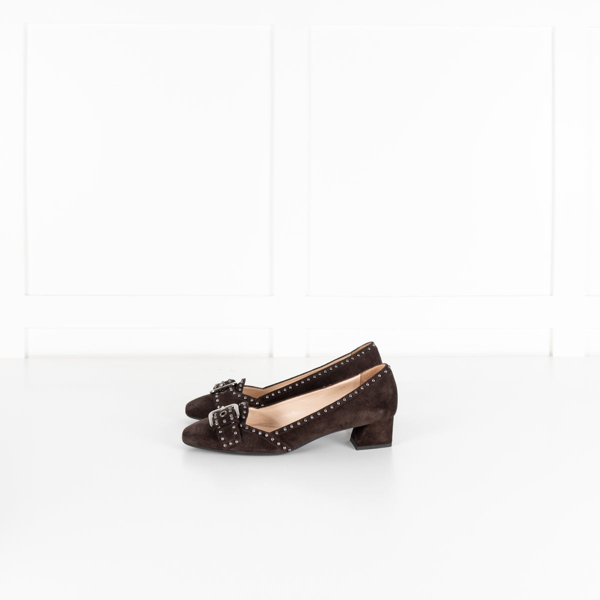 Prada Brown Suede Low Heel Pump With Silver Studs
