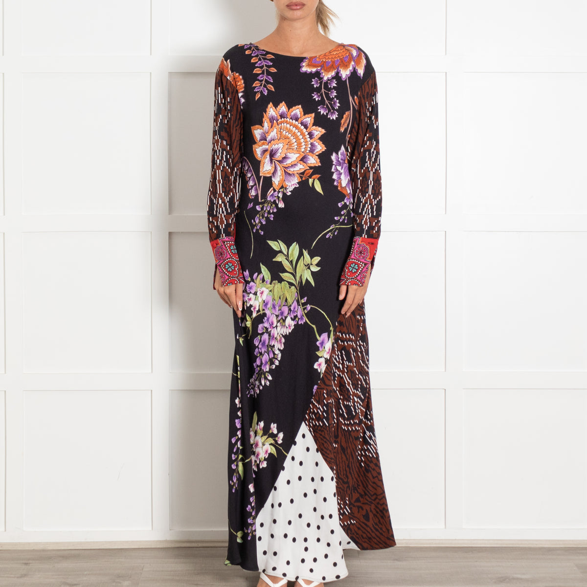 Hayley Menzies Black With Orange Floral Motif Mixed Pattern Longsleeve Maxi Dress