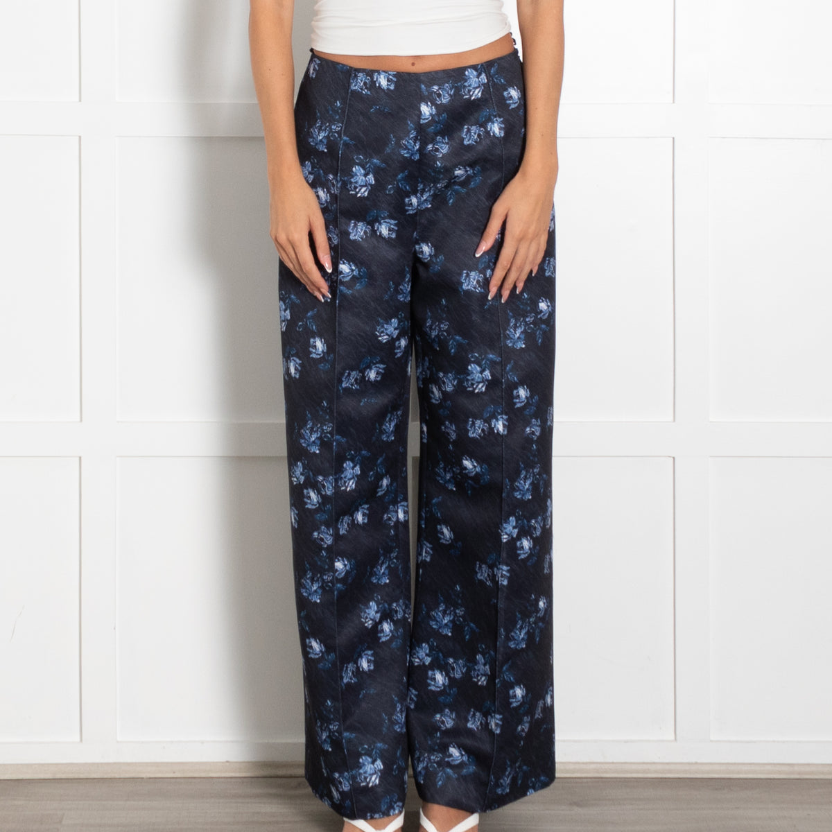 Emilia Wickstead Navy Taffeta Daffy Trousers Ditsy Rose Floral Print
