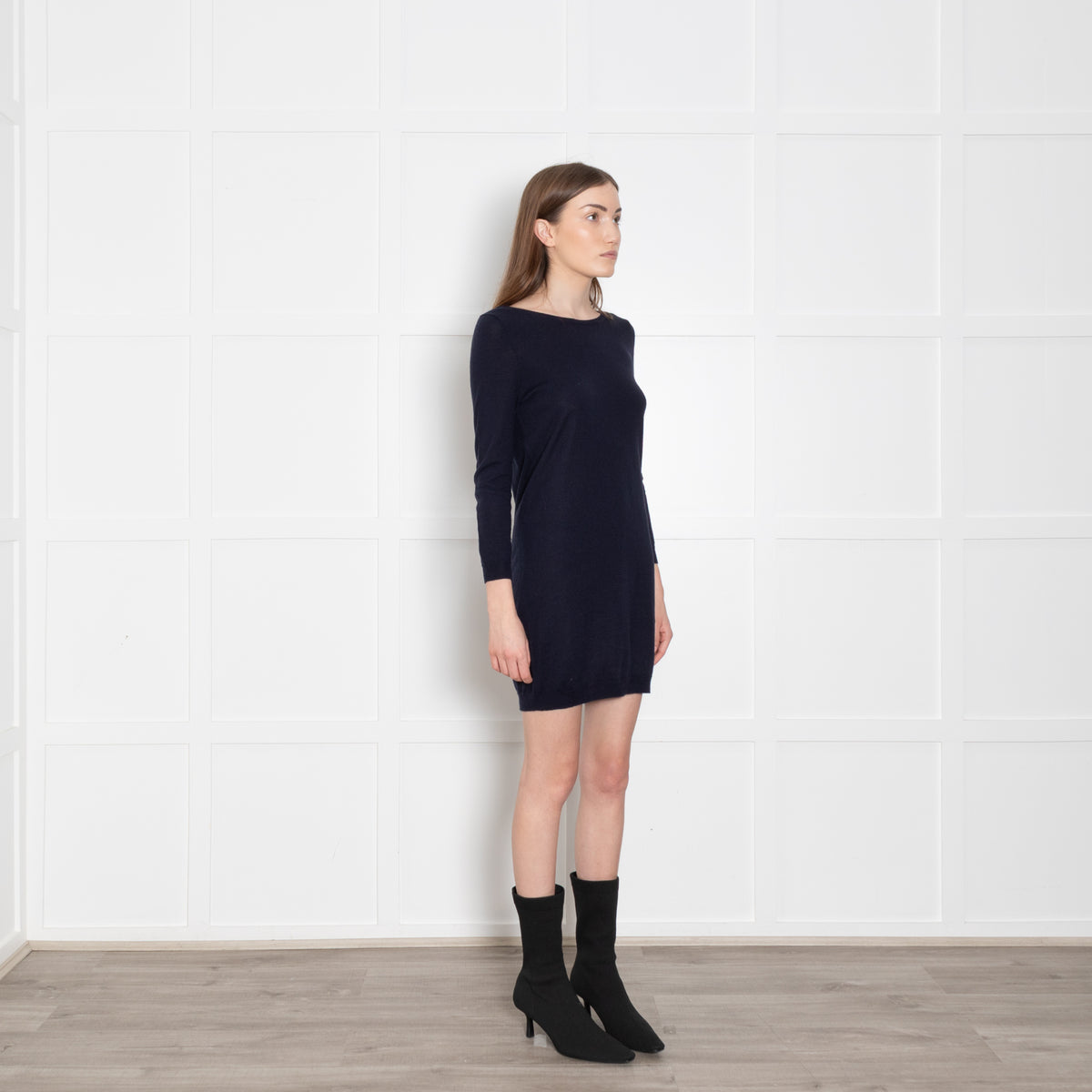 Sandro Navy Blue Fine Knit Ribbon Back Detail Mini Dress