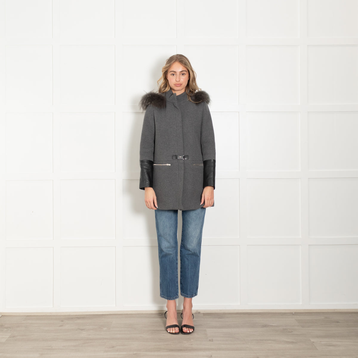 Claudie Pierlot Grey Coat with Leather Cuffs and Detachable Fur Hood