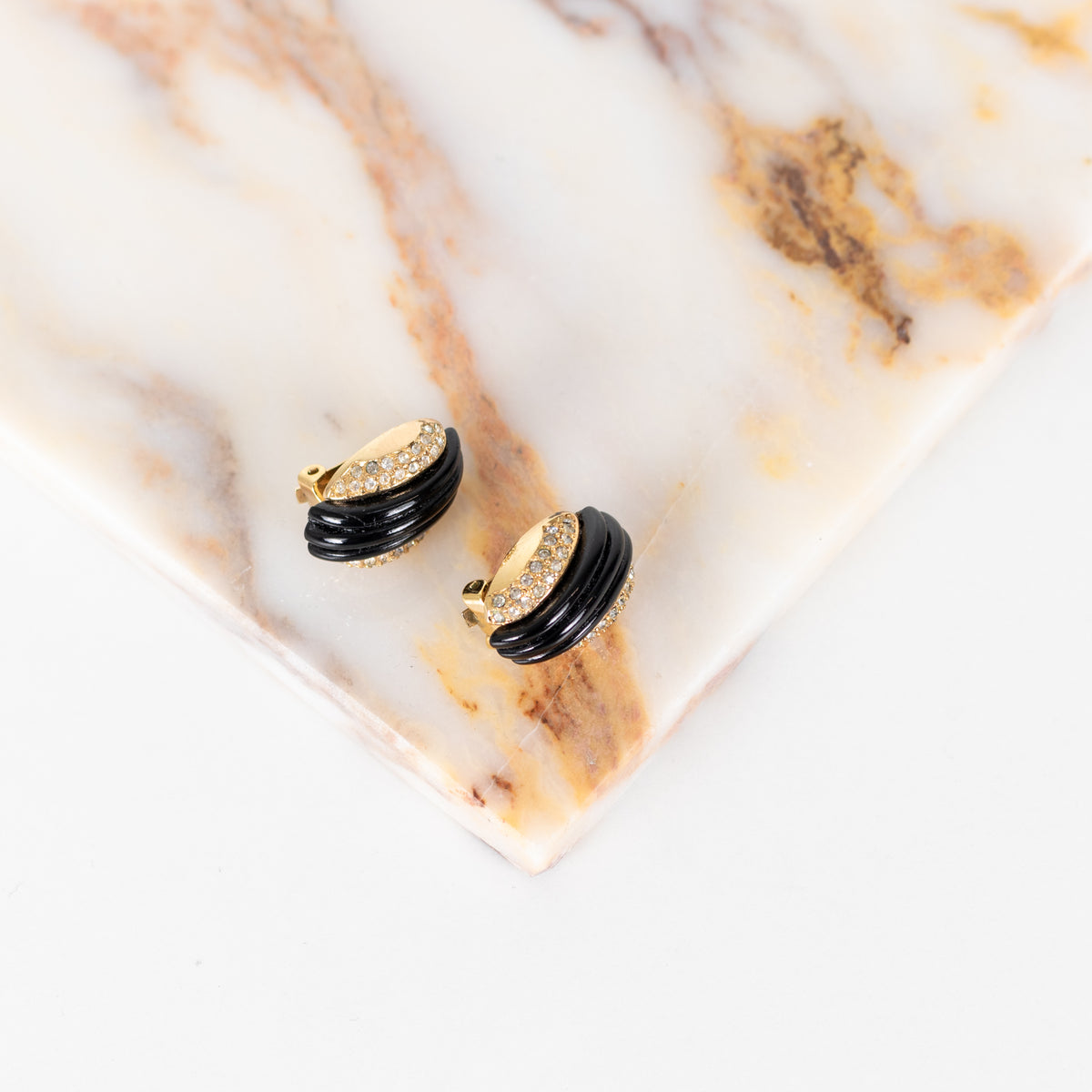 Christian Dior Gold Black Diamante Vintage Clip On Earrings