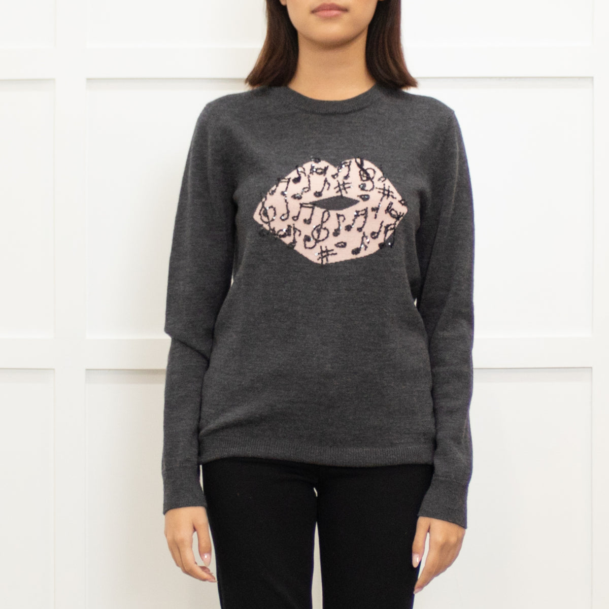 Markus Lupfer Grey Wool Jumper With Pink Lips & Black Sequin Musical Notes
