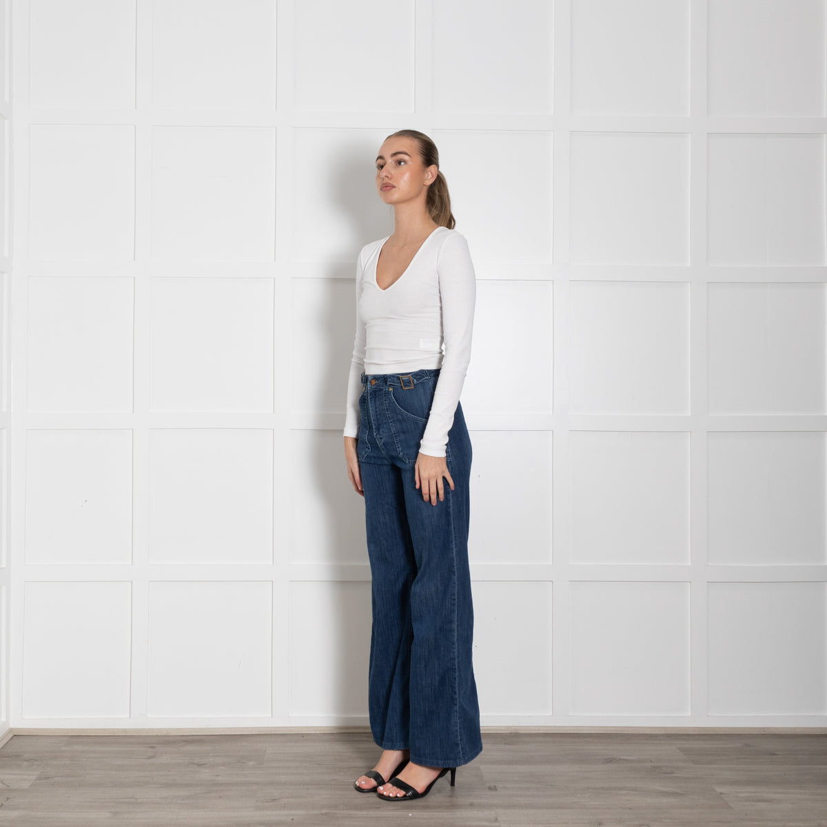 IDA Blue Wide Leg Front Pocket Buckle Jeans