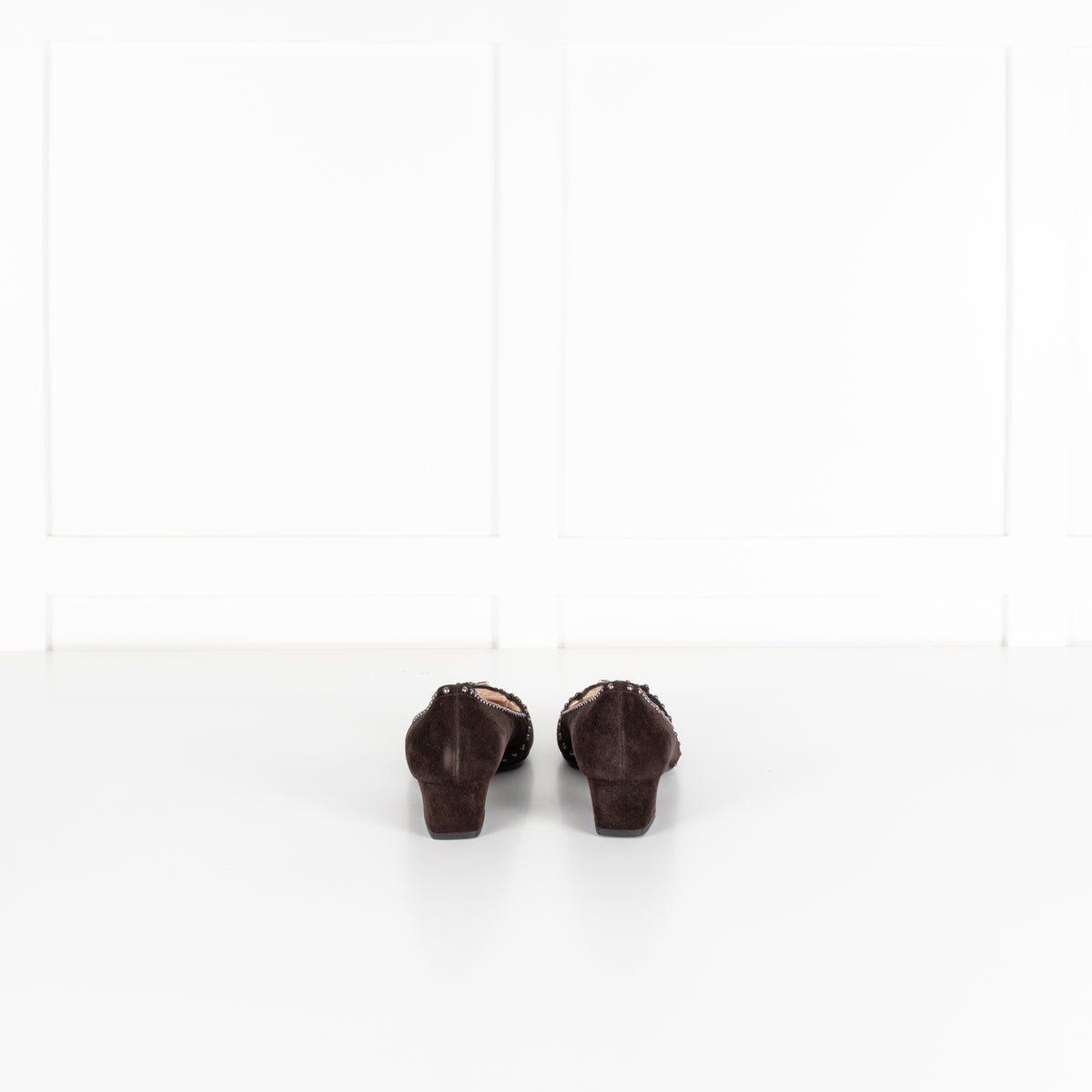 Prada Brown Suede Low Heel Pump With Silver Studs