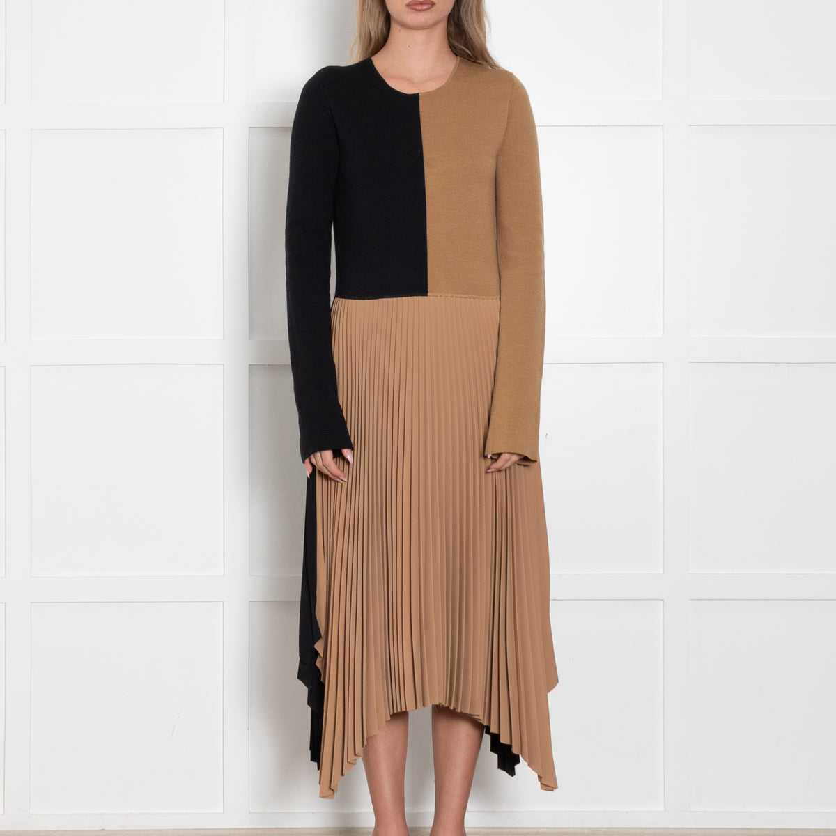 Joseph Black and Tan Knit Dress with Pleated Skirt