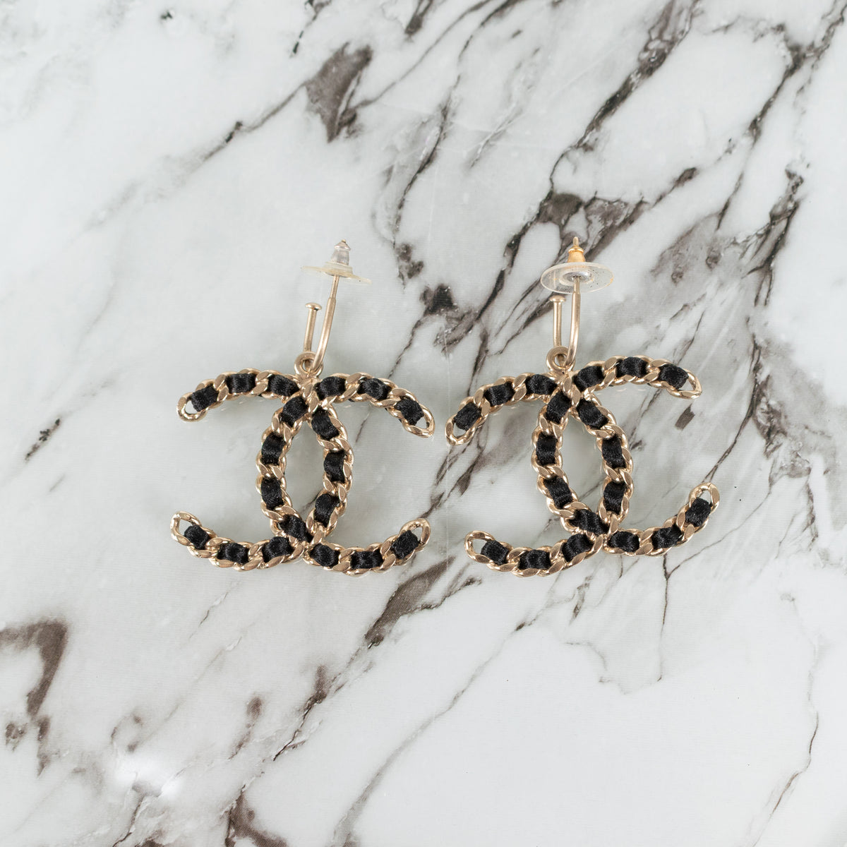 Chanel Gold Black Chain CC Hoop Earrings