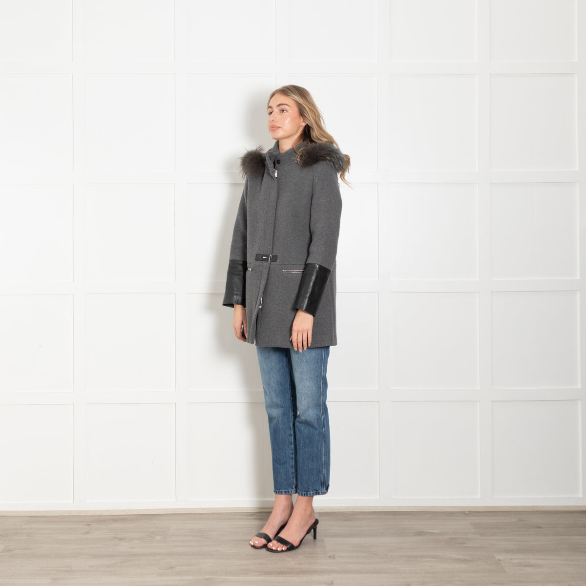 Claudie Pierlot Grey Coat with Leather Cuffs and Detachable Fur Hood
