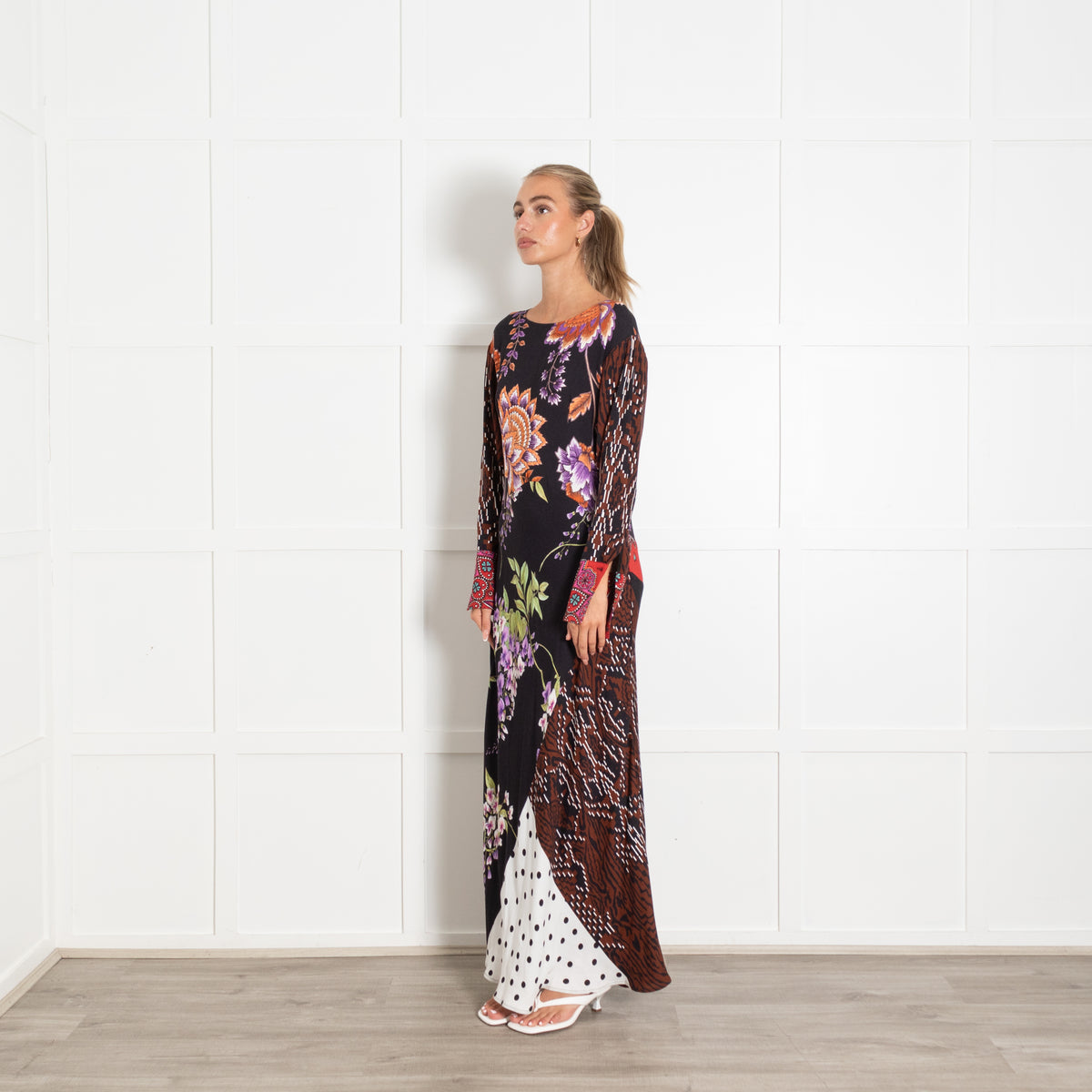 Hayley Menzies Black With Orange Floral Motif Mixed Pattern Longsleeve Maxi Dress
