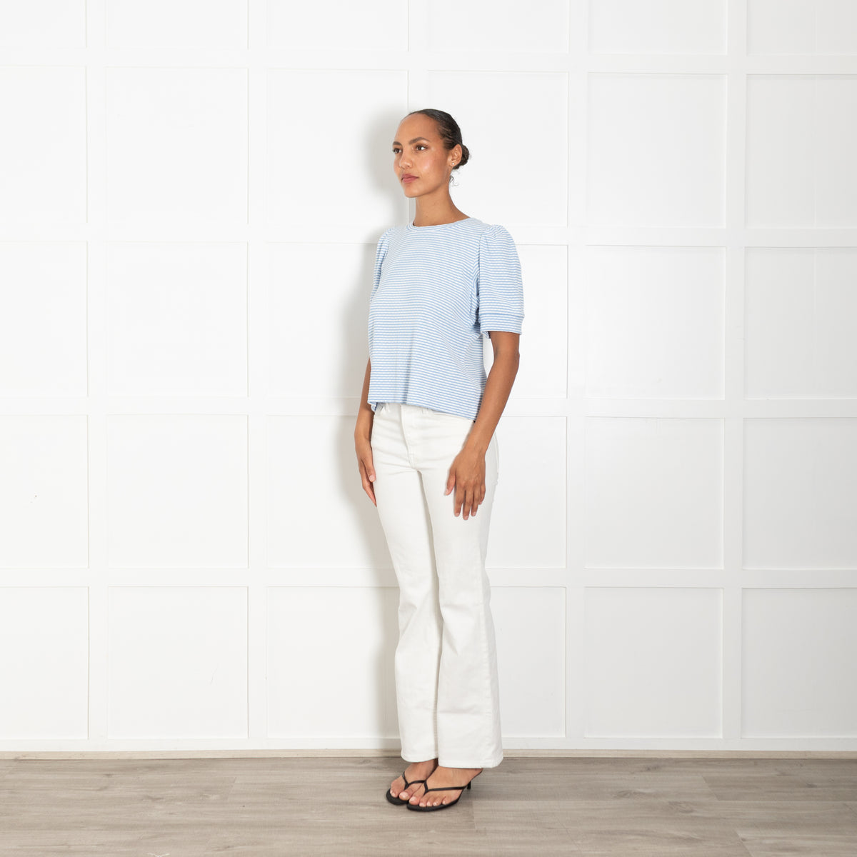 Me + Em Blue White Striped Pouf Sleeve Cotton Jersey Top