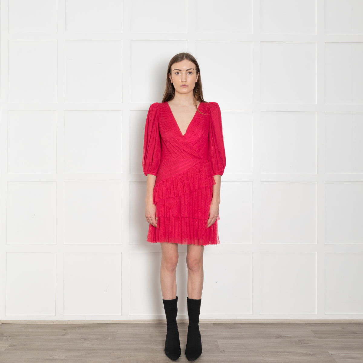 ML Monique Lhuillier Pink Net Ruffled Puff Sleeve Mini Dress