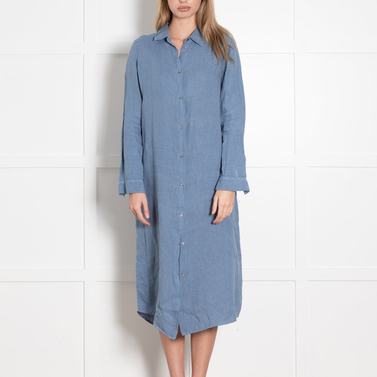 Le Sirenuse Blue Linen Midi Shirt Dress