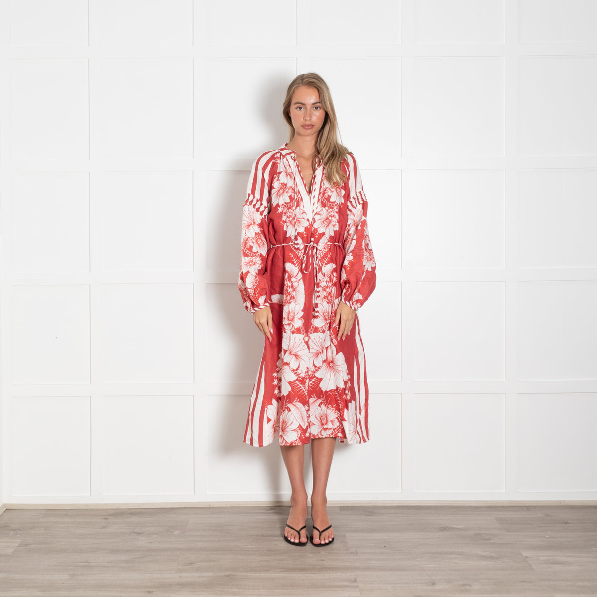 Farm Rio Red White Floral Linen Belted Midi Dress