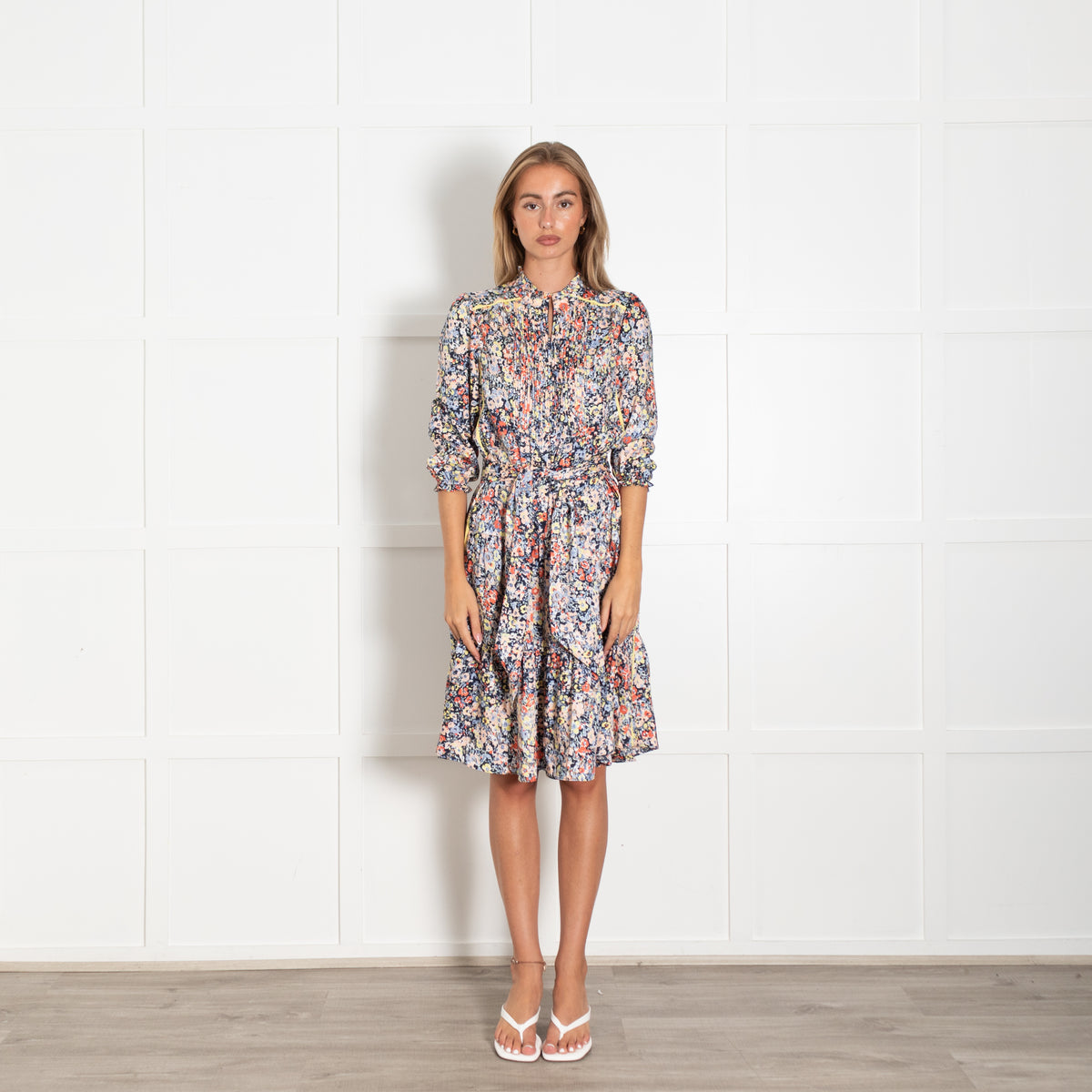 Me + Em Multicolour Blue Pink Yellow And Red Floral Zip Front Dress With Tie Belt