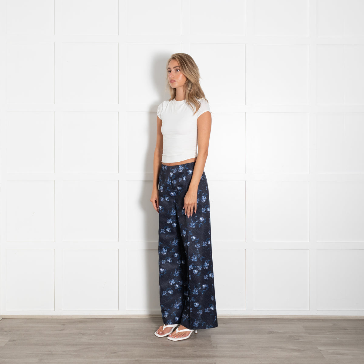 Emilia Wickstead Navy Taffeta Daffy Trousers Ditsy Rose Floral Print