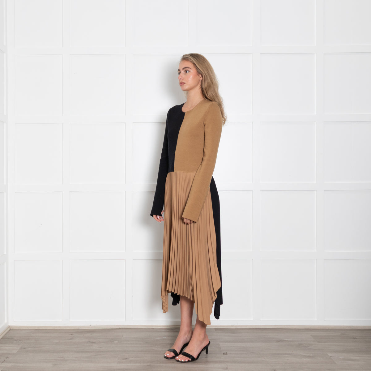 Joseph Black and Tan Knit Dress with Pleated Skirt