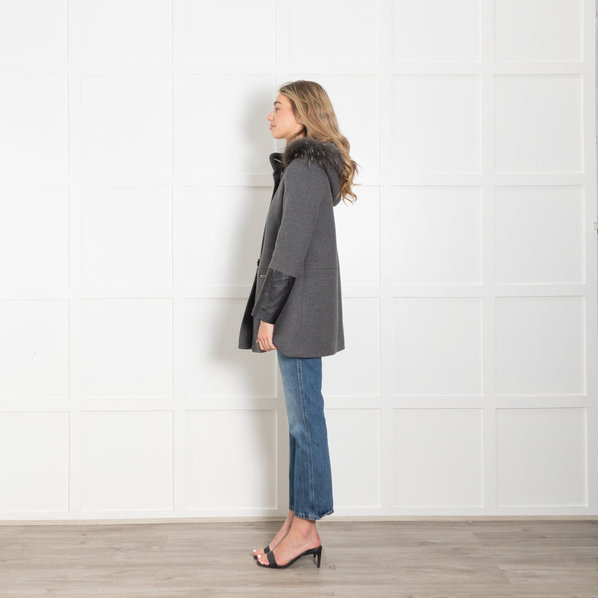 Claudie Pierlot Grey Coat with Leather Cuffs and Detachable Fur Hood