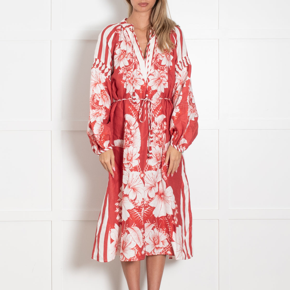 Farm Rio Red White Floral Linen Belted Midi Dress