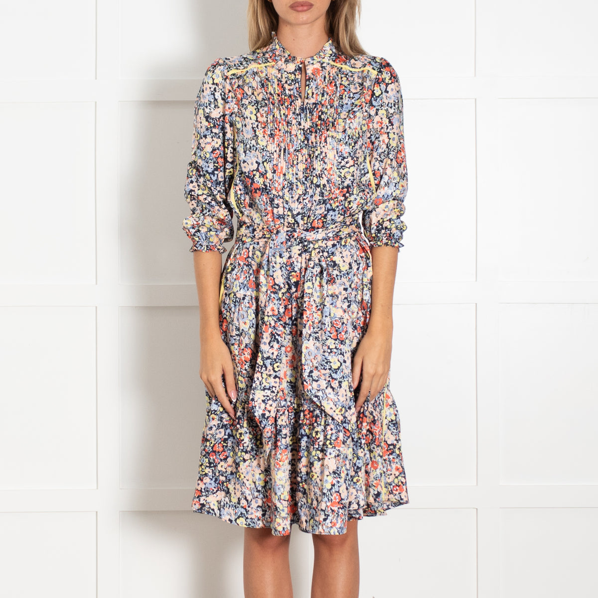 Me + Em Multicolour Blue Pink Yellow And Red Floral Zip Front Dress With Tie Belt
