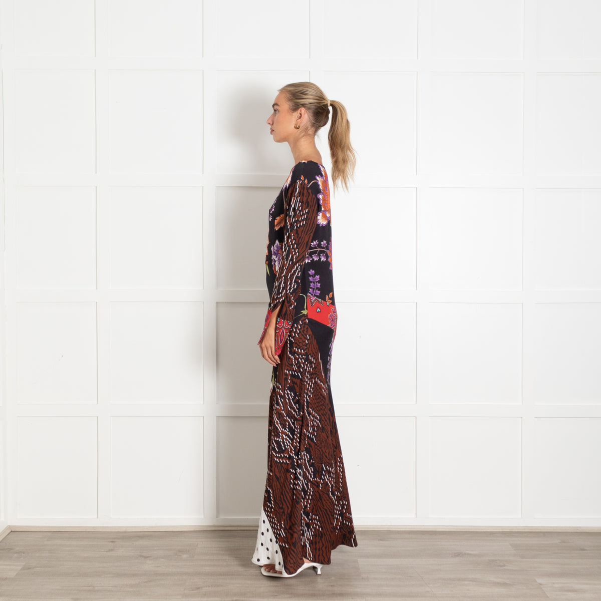 Hayley Menzies Black With Orange Floral Motif Mixed Pattern Longsleeve Maxi Dress