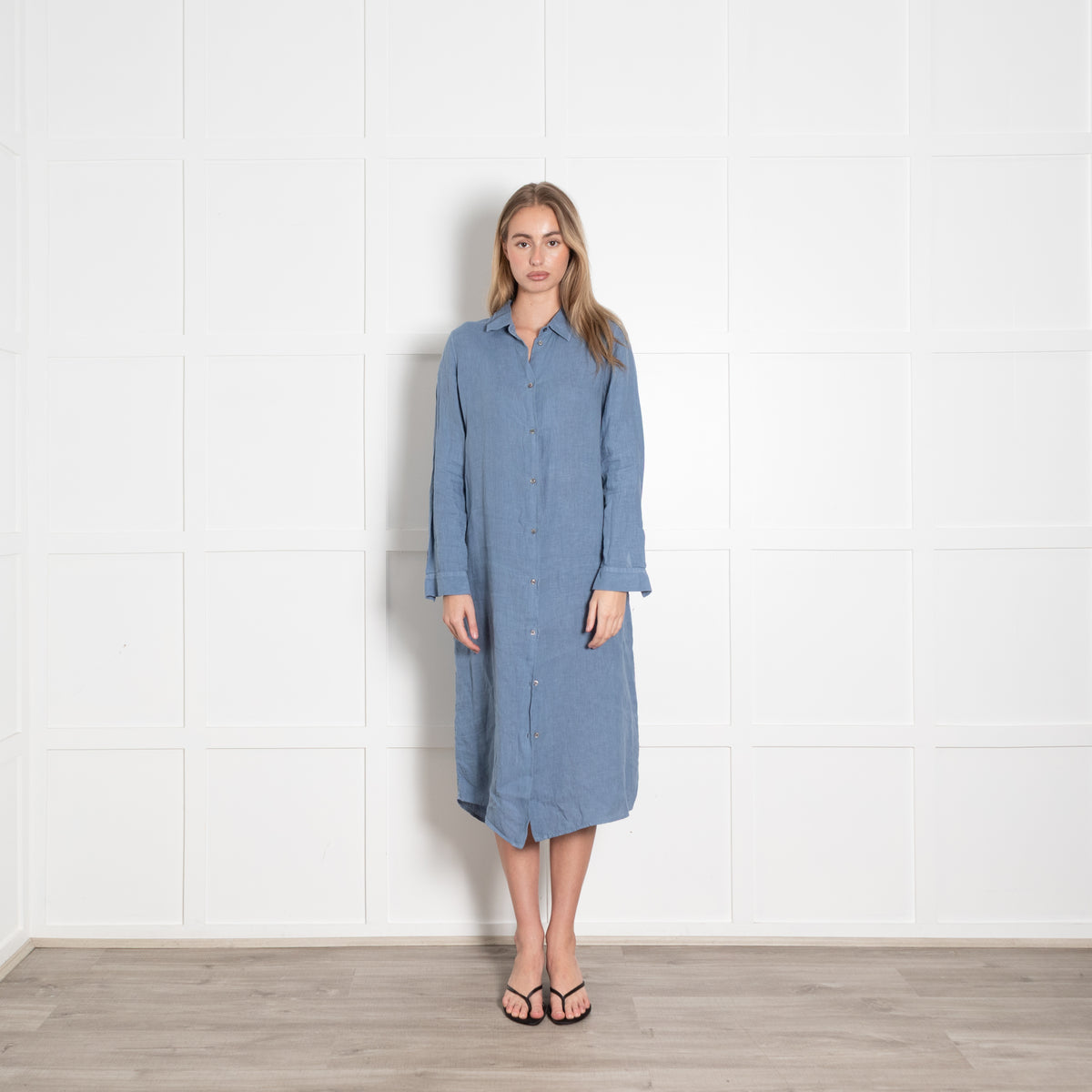 Le Sirenuse Blue Linen Midi Shirt Dress