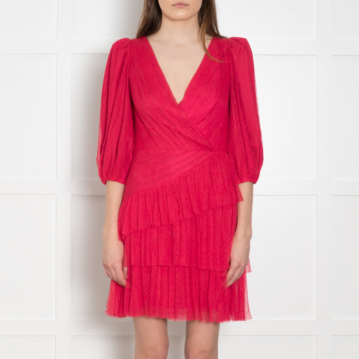 ML Monique Lhuillier Pink Net Ruffled Puff Sleeve Mini Dress