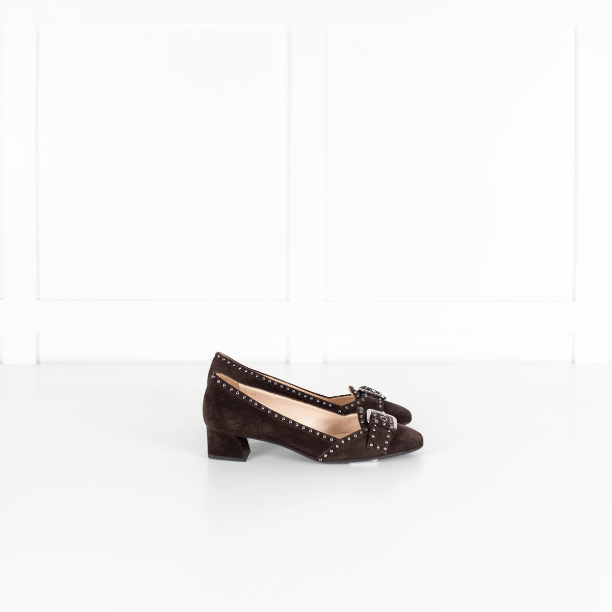 Prada Brown Suede Low Heel Pump With Silver Studs