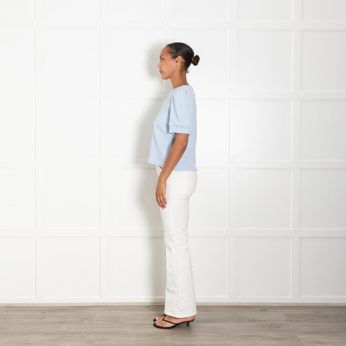 Me + Em Blue White Striped Pouf Sleeve Cotton Jersey Top