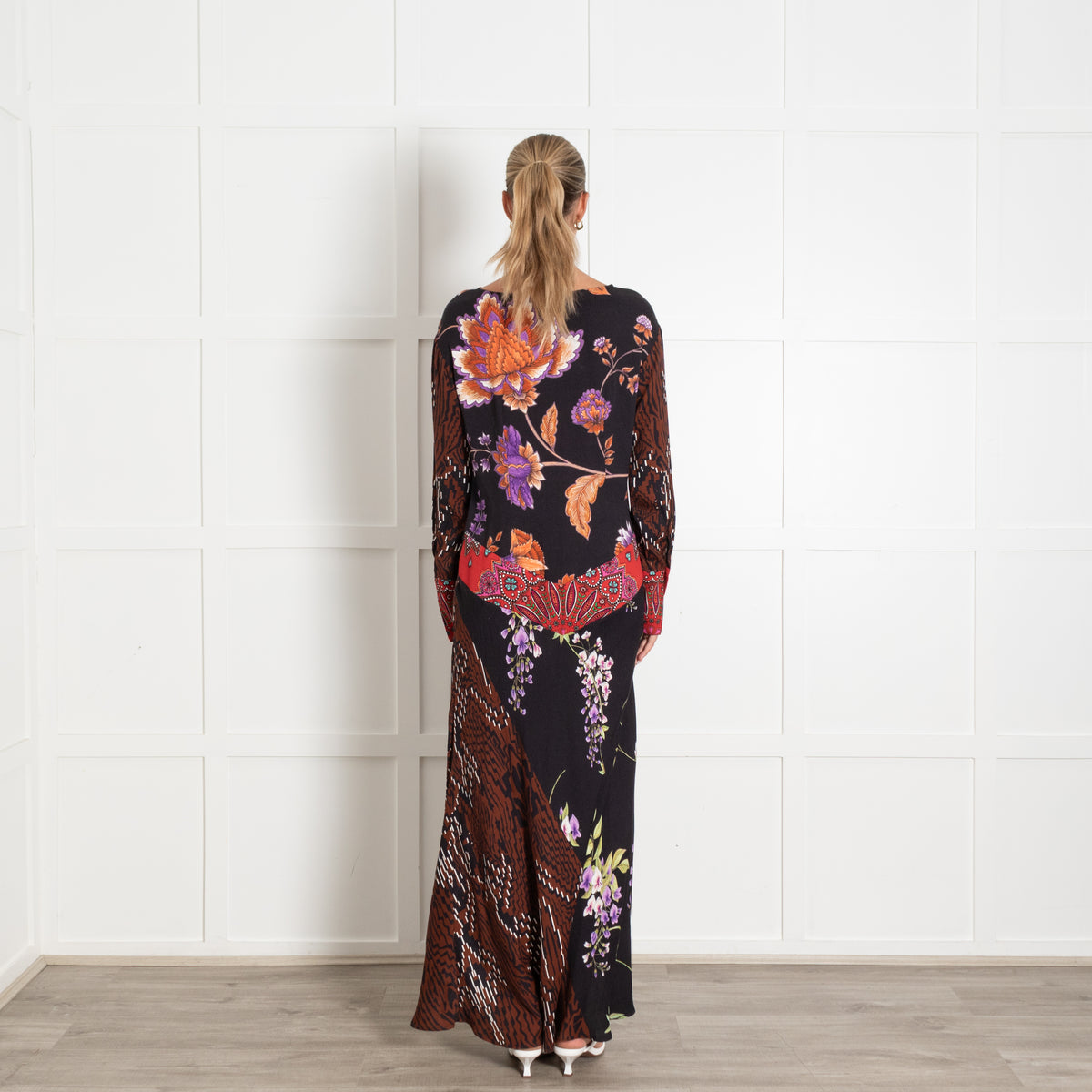 Hayley Menzies Black With Orange Floral Motif Mixed Pattern Longsleeve Maxi Dress