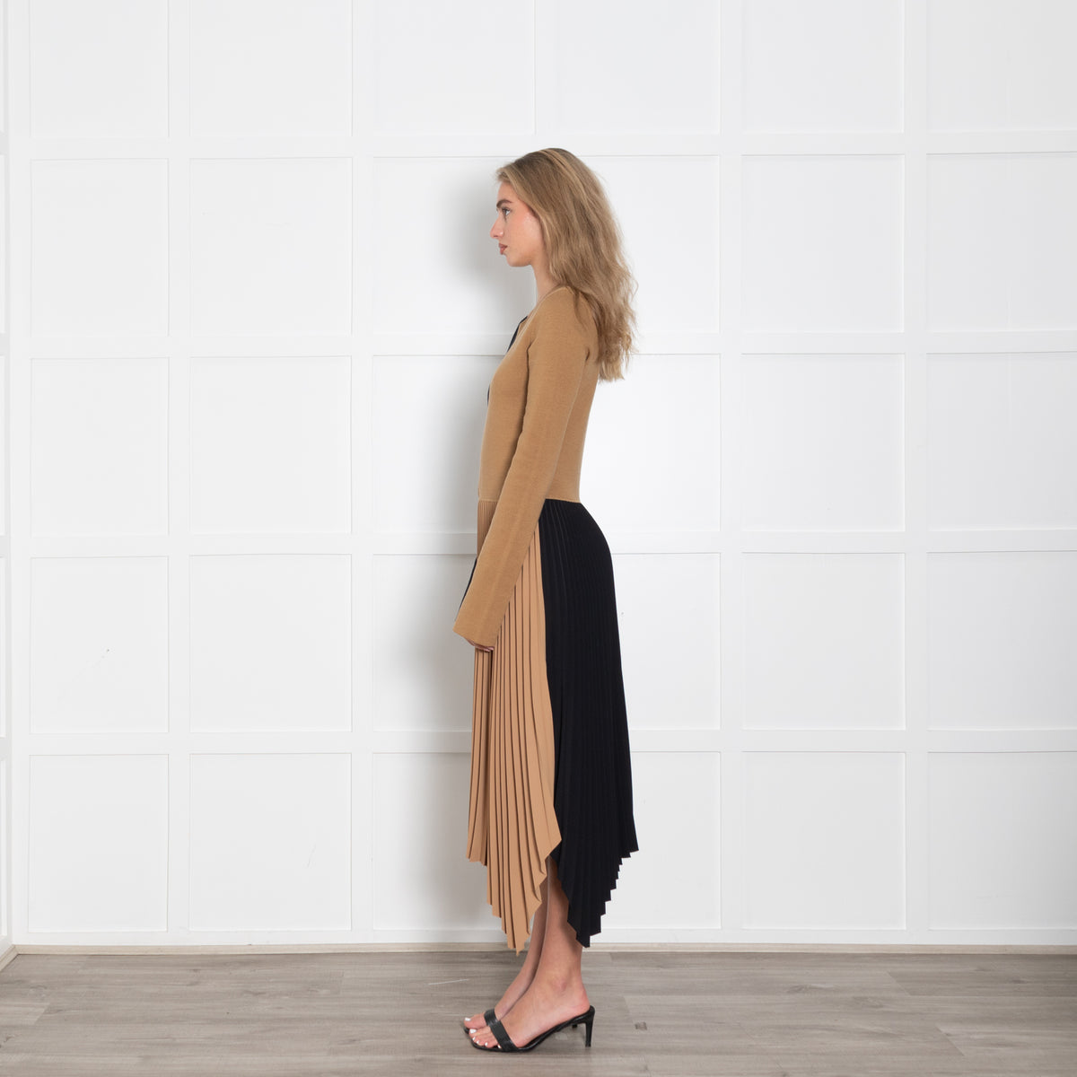 Joseph Black and Tan Knit Dress with Pleated Skirt