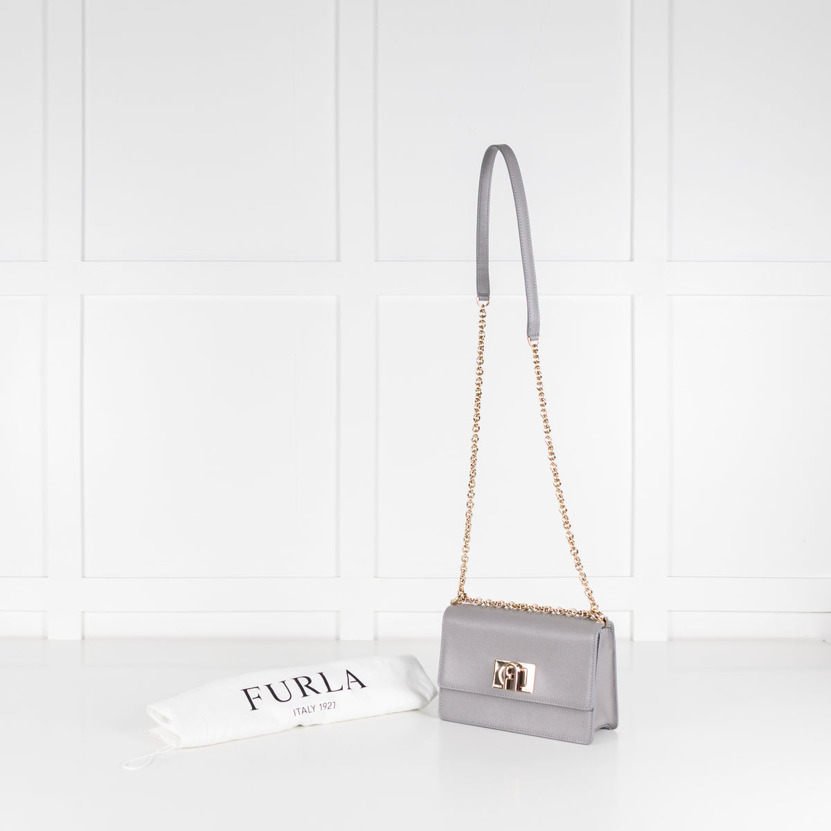 Furla Grey 1927 Grey Mini Crossbody With Fixed Gold Chain Strap