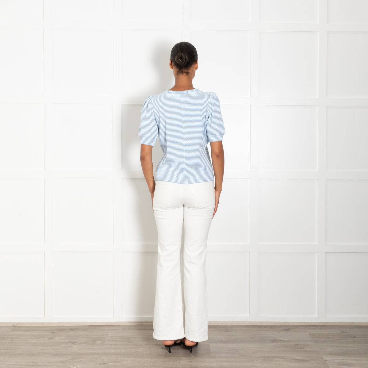 Me + Em Blue White Striped Pouf Sleeve Cotton Jersey Top