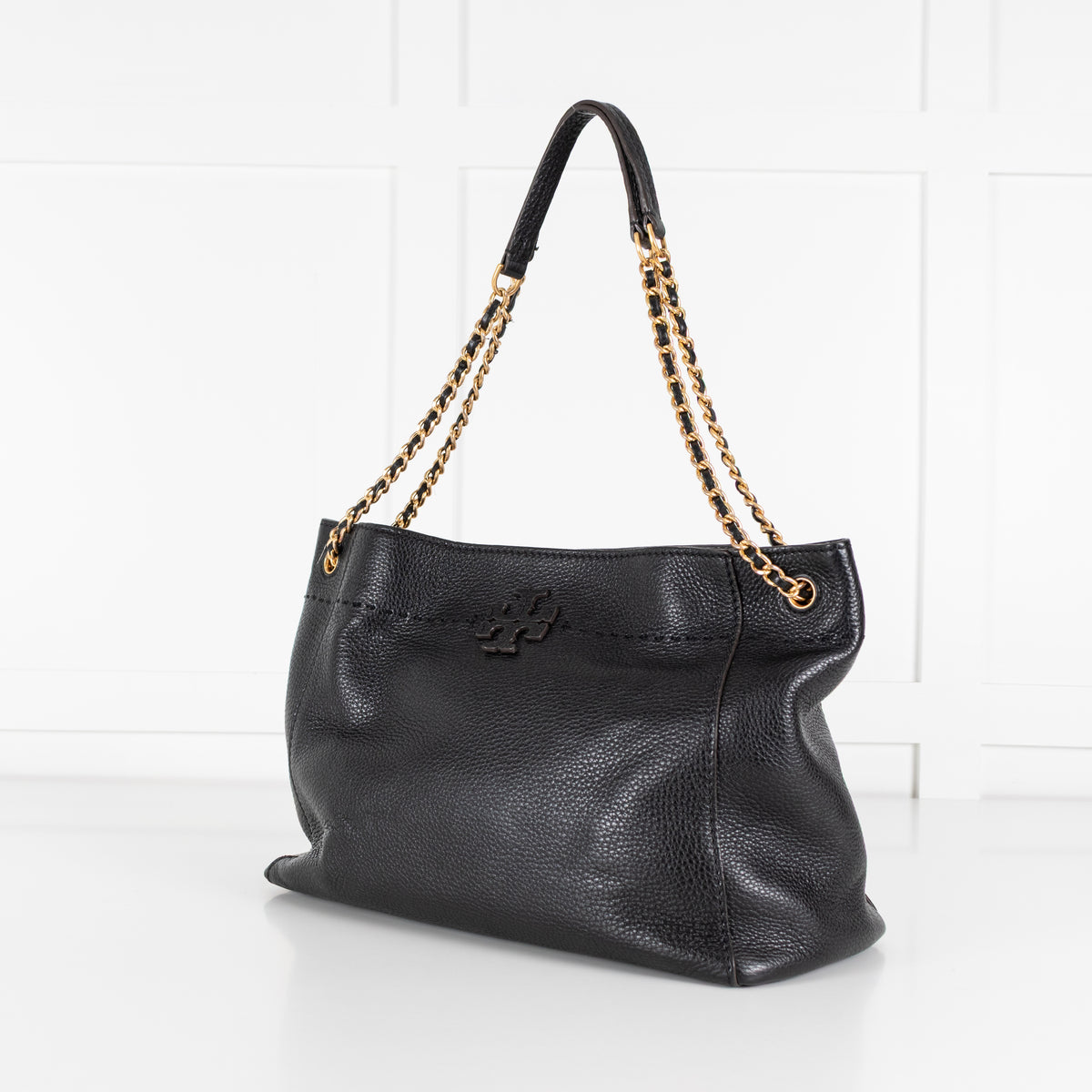 Tory Burch Black Grainy Leather McGraw Chain Shoulder Tote Bag