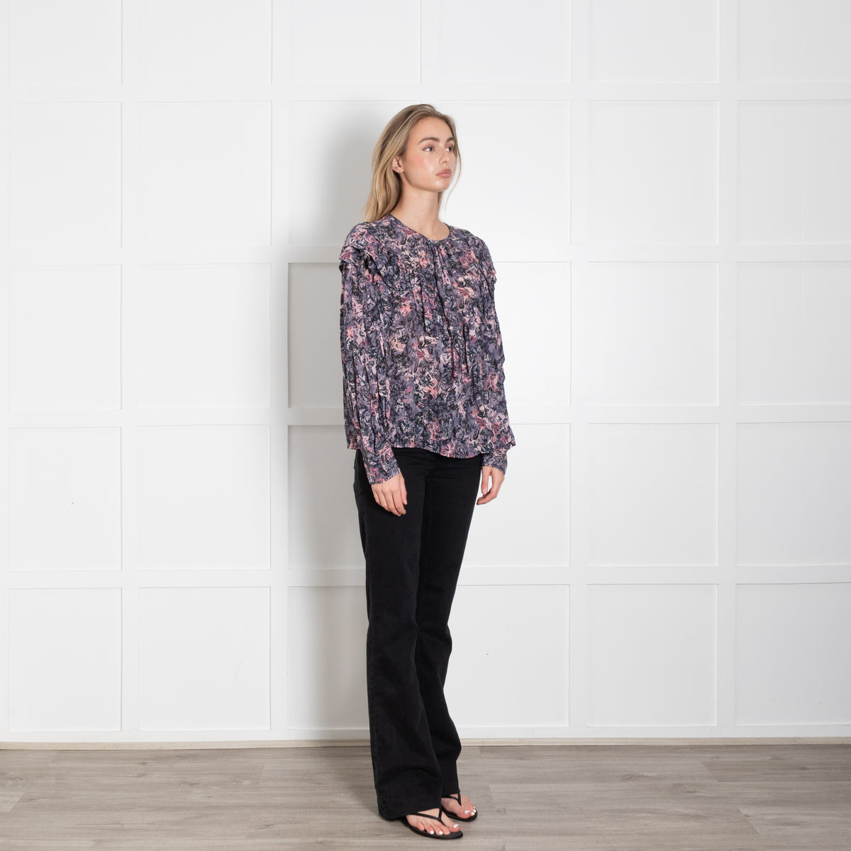 IRO Purple And Pink Floral Frill Front Long Sleeve Top