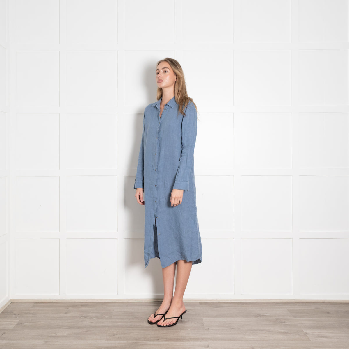 Le Sirenuse Blue Linen Midi Shirt Dress
