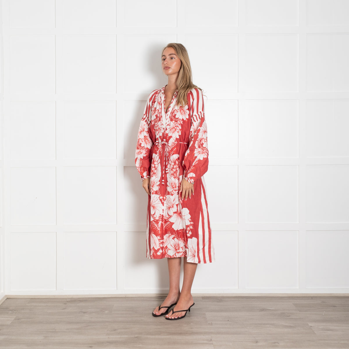 Farm Rio Red White Floral Linen Belted Midi Dress