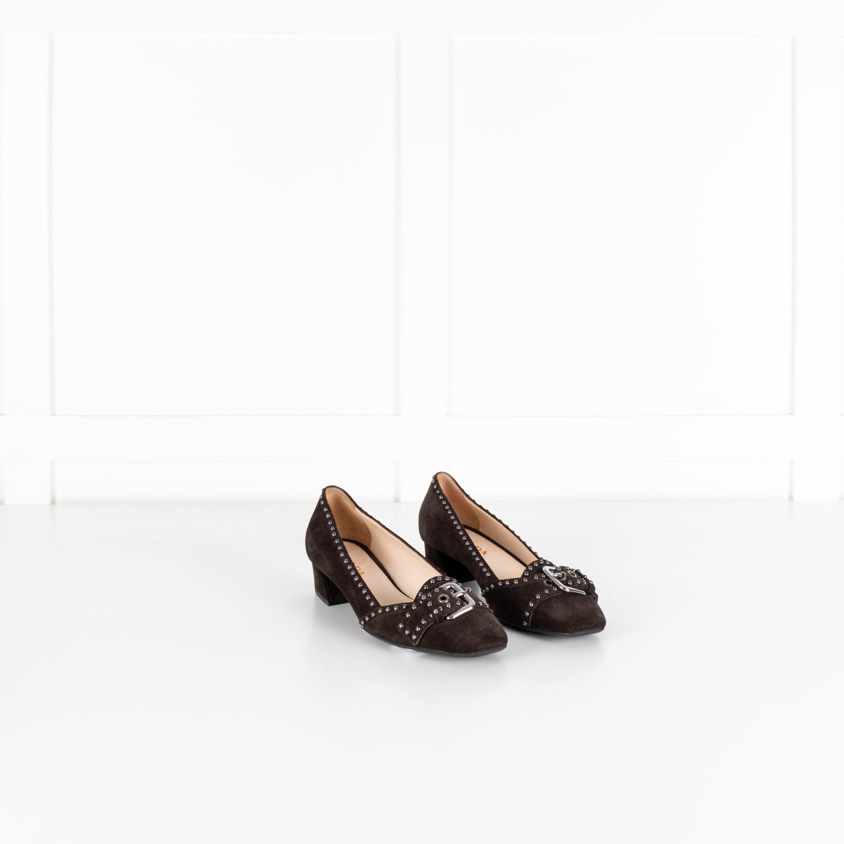 Prada Brown Suede Low Heel Pump With Silver Studs