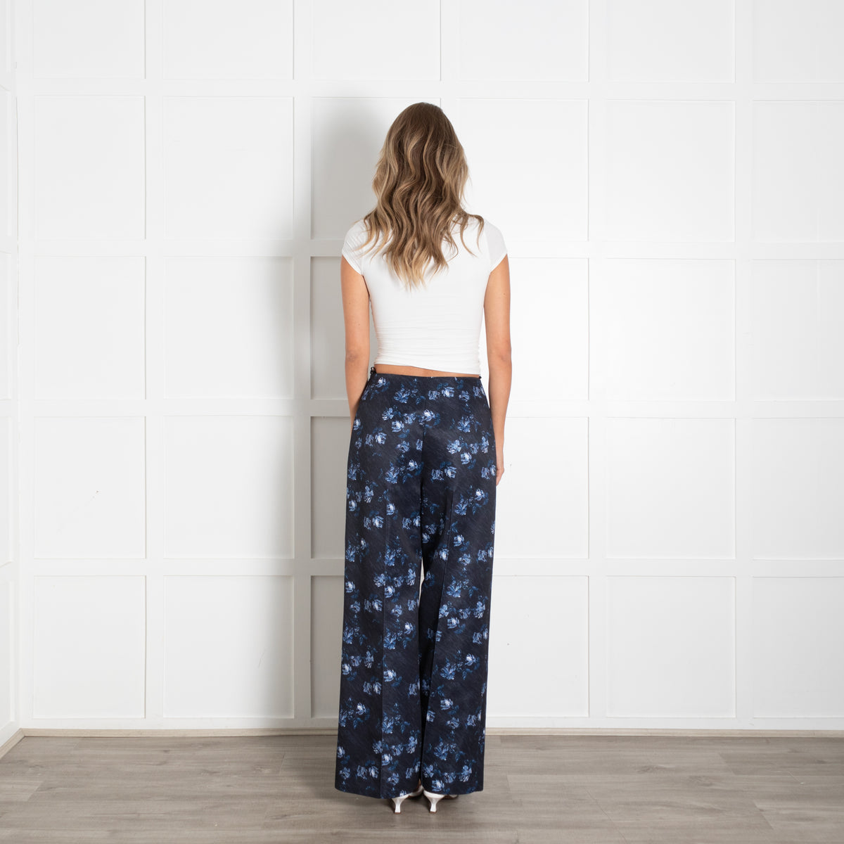 Emilia Wickstead Navy Taffeta Daffy Trousers Ditsy Rose Floral Print