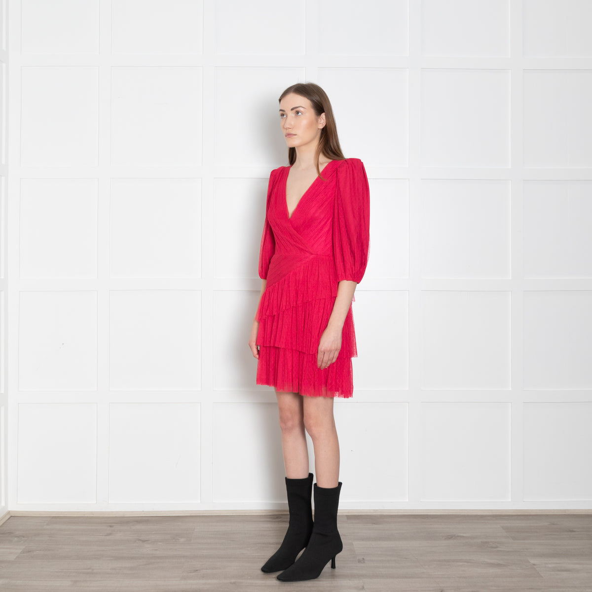 ML Monique Lhuillier Pink Net Ruffled Puff Sleeve Mini Dress