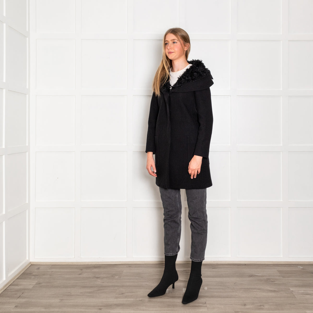 Prada Dark Grey Wool Faux Fur Trim Hooded Coat