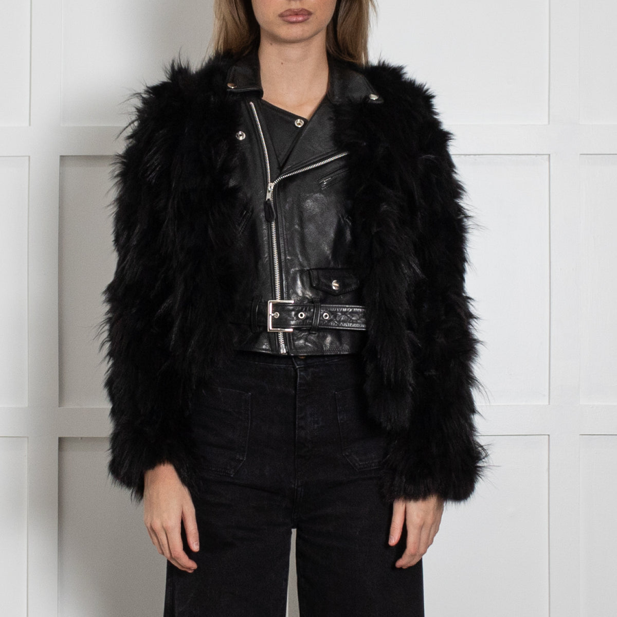 Toga Pulla Black Leather and Fur Biker Jacket