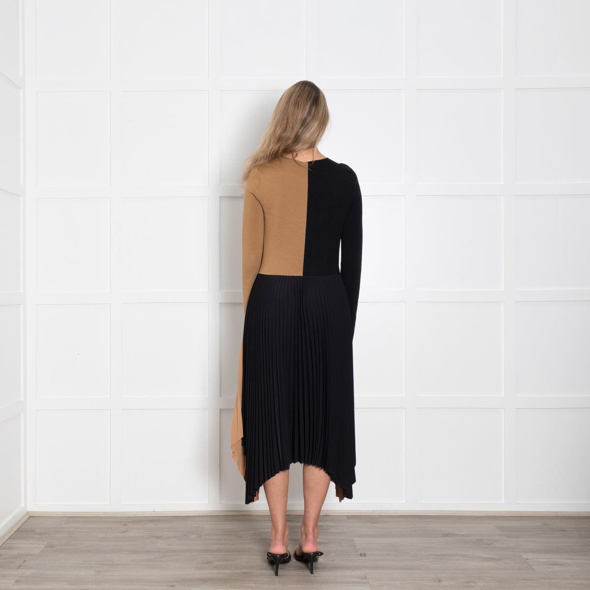 Joseph Black and Tan Knit Dress with Pleated Skirt